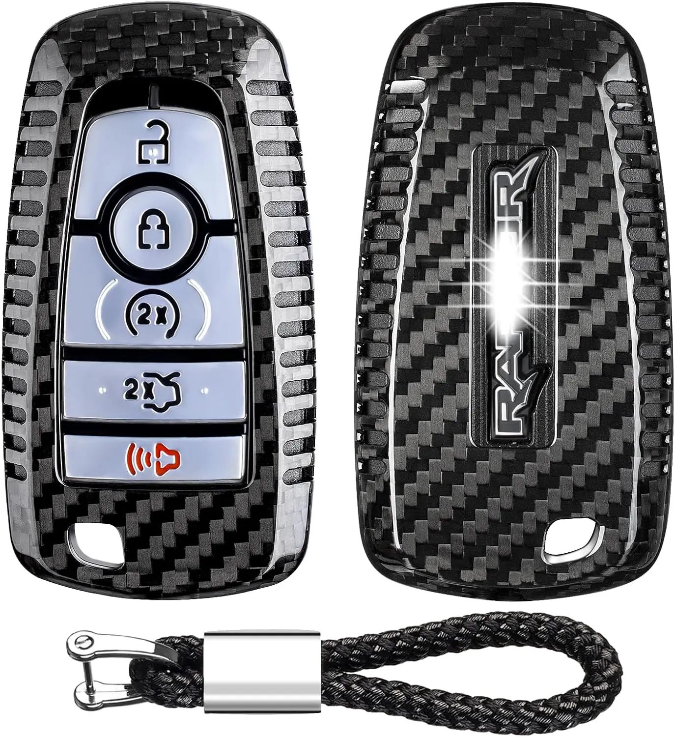 Carbon Fiber Key Fob Cover For Ford F-150 150 Bronco Raptor R Off-Road 2015 2016 2020 2021 2022 2023 2024,Only For Raptor,Remote Key Case (Black - View #2