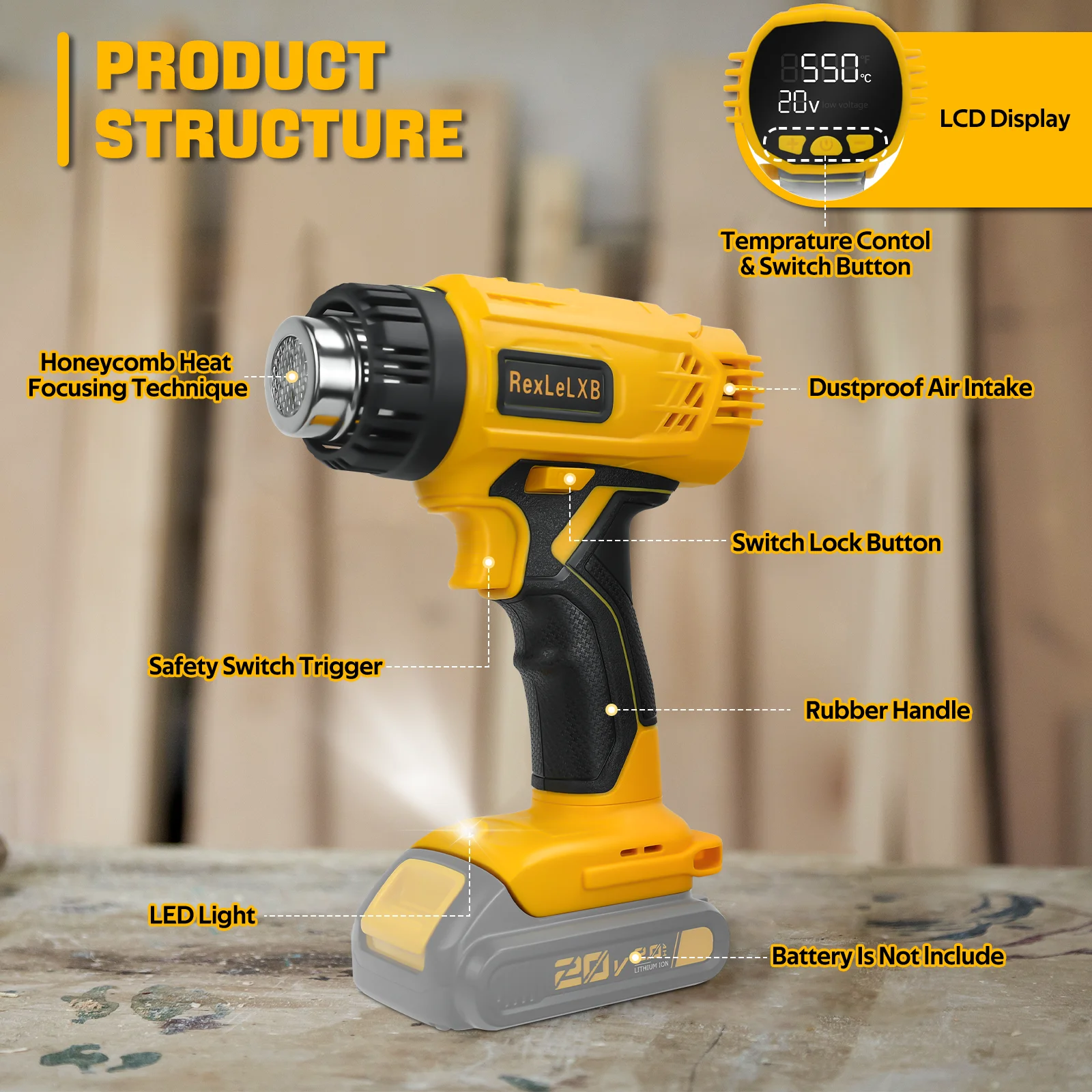 400W Cordless Heat Gun Electric Soldering Hot Air Gun 50℃-550℃ Fast Heating Shri