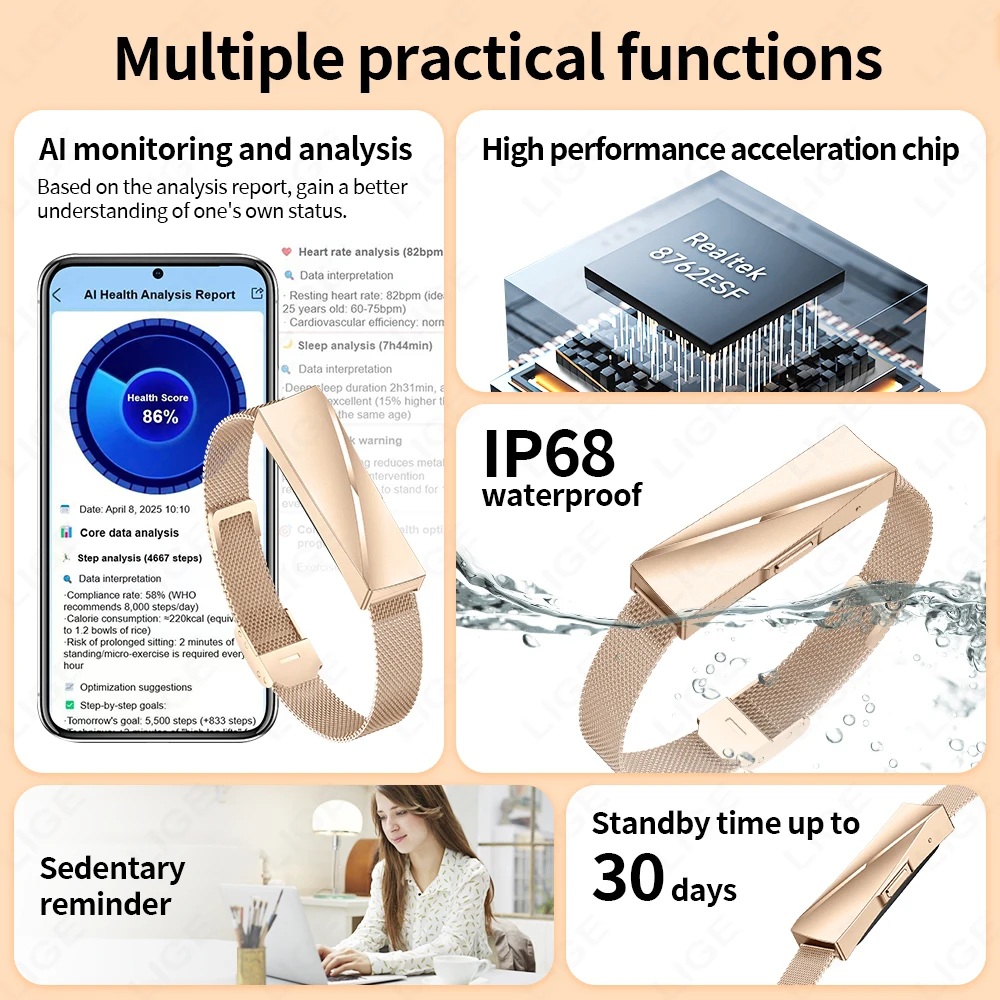 LIGE No Screen Smart Watch Woman Sport Fitness Heart Rate Monitor Bracelet 1ATM Waterproof New Smartwatch For Andrio IOS Fashion