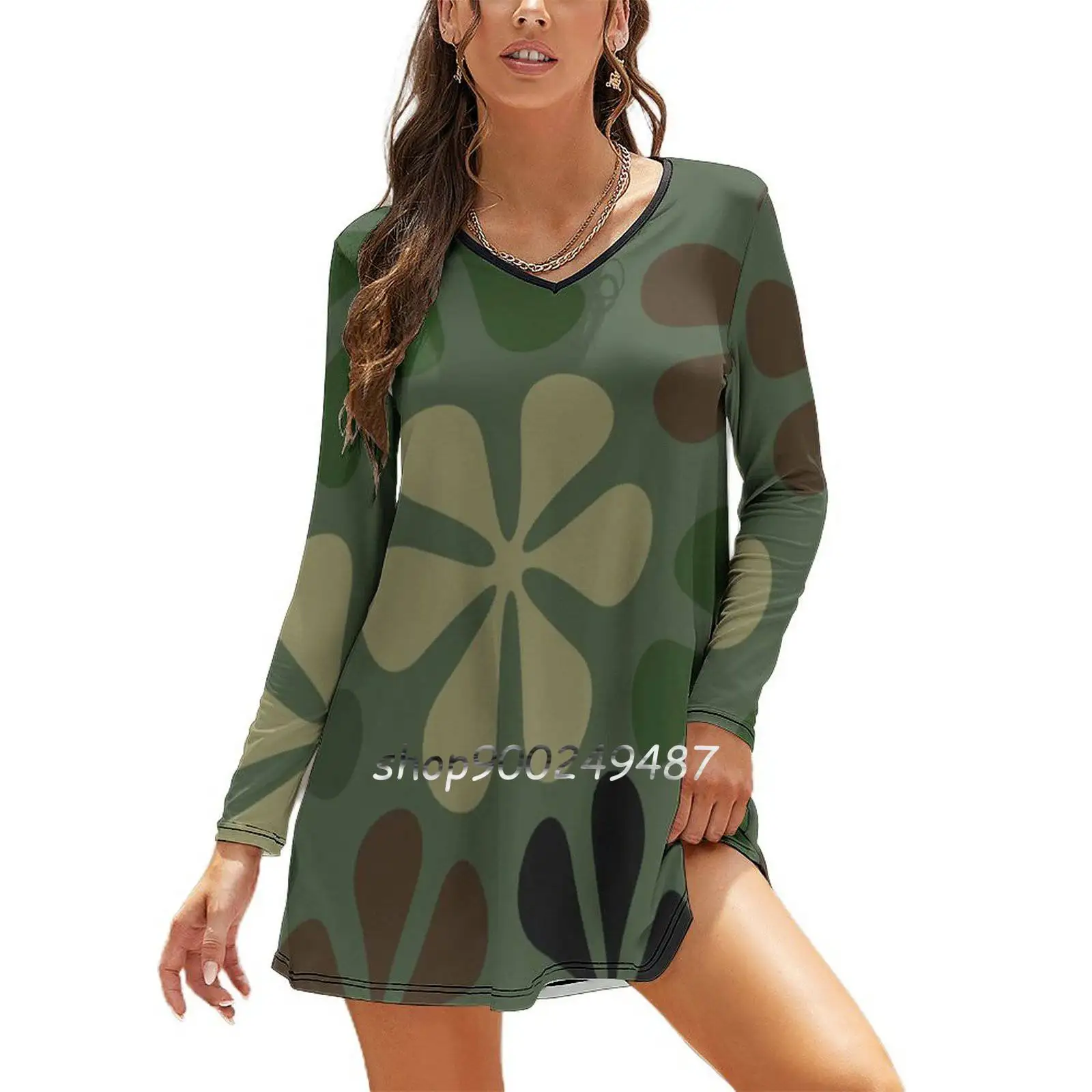 

Abstract Flower Camouflage Slim Dress With Hollow Waist Autumn Winter Sexy V Neck Long Sleeve Dresses Flower Power Flowers