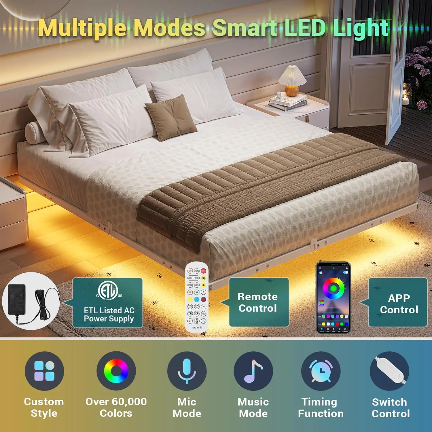 NEW Floating Bed Frame Queen Size with LED Lights, Metal Platform Queen Bed, No Box Spring Needed, Easy to Assemble (Queen) 4