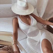 

2021 Summer Fashion V-neck Backless Lace Up Dress Perspective Hollow Out Beach Sling Dress Women Solid Party Elegant Streetwear