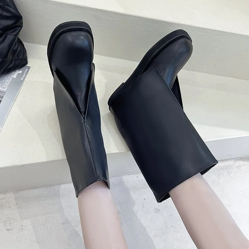 TSTCTB New Autumn Winter Women Knee-High Boots Round Toe Leather Black slip-on Mid Heel Fashion Boots For Ladies 2022 new