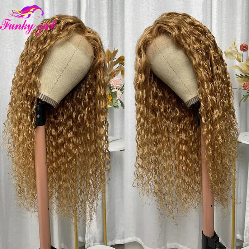 Honey Blonde Water Wave Human Hair Wig 27 Colored Lace Front Wigs 13X6 Deep Curly Lace Frontal Wigs For Women Brazilian Remy Wig 4