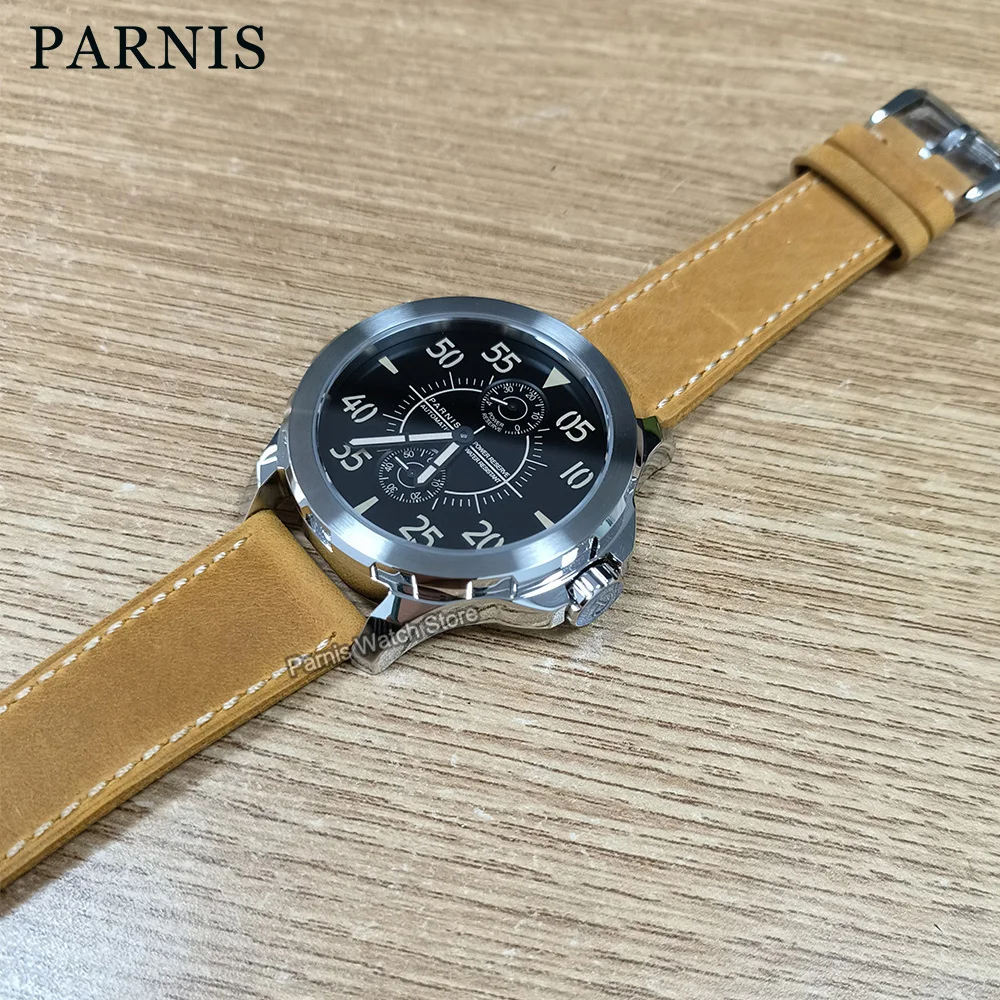 

Fashion Parnis 44mm Silver Case Automatic Mechanical Men Watch Power Reserve Leather Strap Sapphire Glass Watches for Men 2024