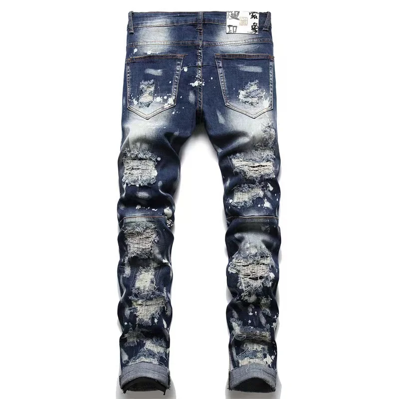 EH·MD® Double-layer Scratched Ripped Jeans Men's Zipper Decoration Splashed Ink Soft Slim Cotton Stretch Pants Four Seasons 2022