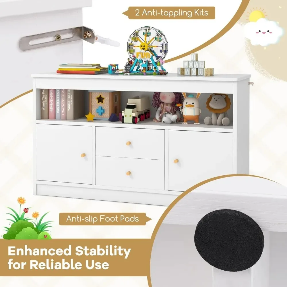 Toy Storage Organizer, Wooden Kids Bookshelf with 2 Drawers, 2 Cabinets & Open Shelf, Toy Organziers and Storage for Playroom 3