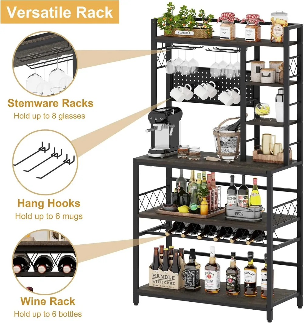 Wine Rack Freestanding Floor, Liquor Bar Cabinet with Storage, Coffee Bar Table with Glass Holder，Bakers Stand for Home
