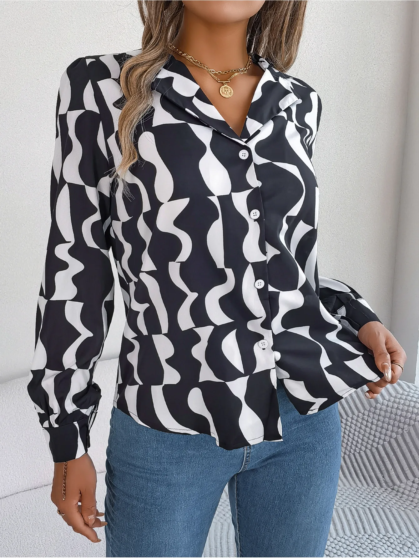 Women Autumn Winter Office Shirts Contrast Stripe Long Sleeve Tops
