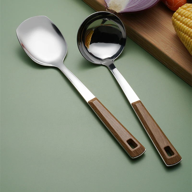 Kitchen Utensils Stainless Steel Cooking Tool Set Wooden Handle Spatula Soup Spoon Restaurant Frying Sharp Shovel Colander Kitchen Utensils
