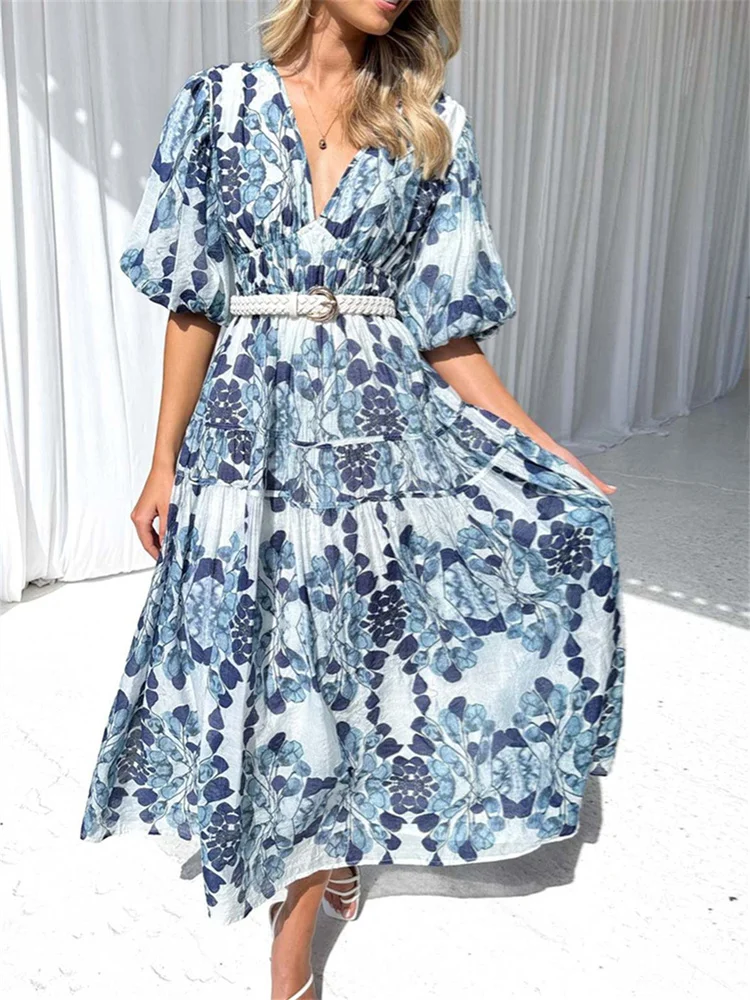 

Vintage Printed Long Dress Women Summer Boho Maxi Dress Female Sexy Deep V-Neck Holiday Sundress Loose Lantern Sleeve Dresses