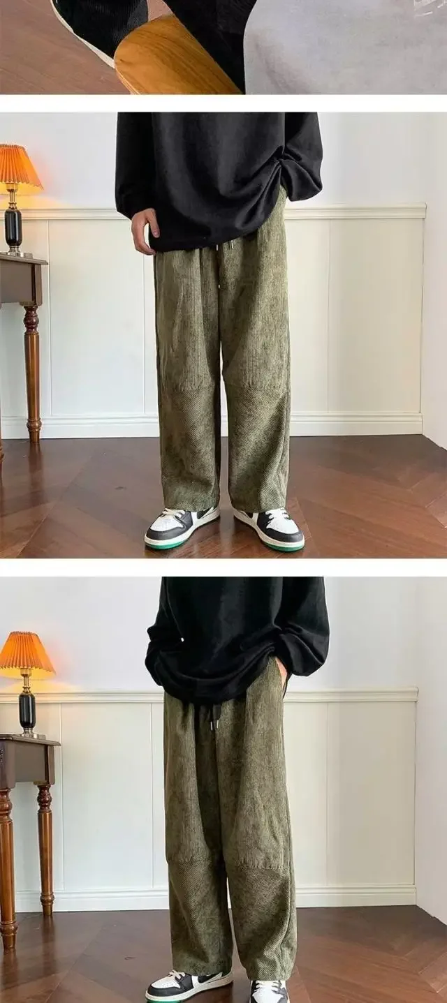 Description Picture 6 of itemCorduroy Men's Casual Pants Drawstring Solid Straight Trousers High Street Loose Fashion Korean Style Wide Leg Sweatpants