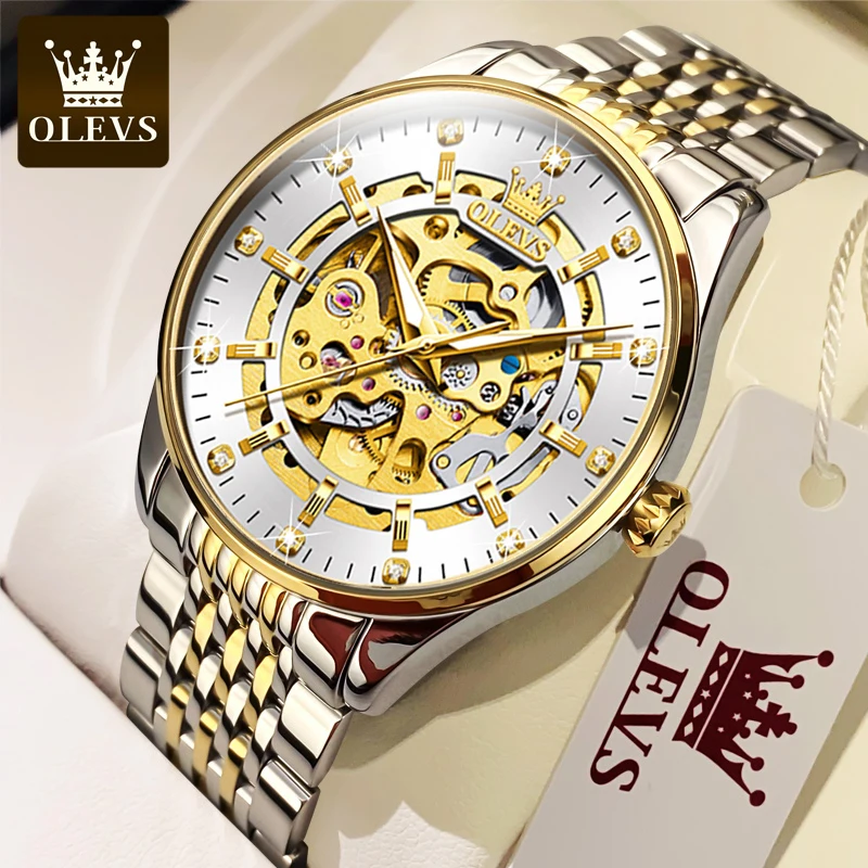 Olevs-relógio de Pulso Mecânico Automático Automático do Esqueleto do Ouro dos Homens Aço Inoxidável Impermeável Relógios Luminosos do Negócio - Image 2