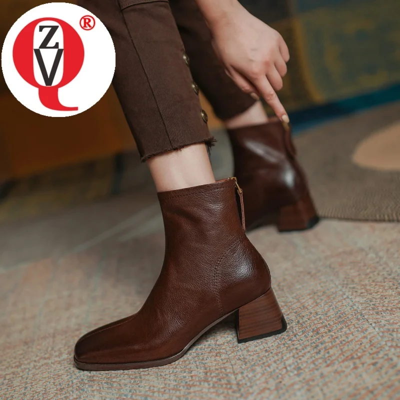 

ZVQ New Style Square Toe High Heel Booties Ladies Good Quality Soft Genuine Leather Winter Shoes Back Zipper Plus Size Boots
