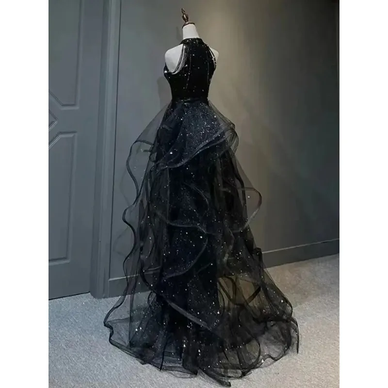 Women Evening Party Long Summer Vintage Mesh Floor-Length Sleeveless Black Dress Trumpet Sexy Mermaid Vestido Banquet Elegant