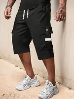 Men's Casual Cargo Shorts - 100% Polyester Mid-Rise Elastic Waist with Adjustable Drawstring, Multiple Pockets, Lightweight Brea