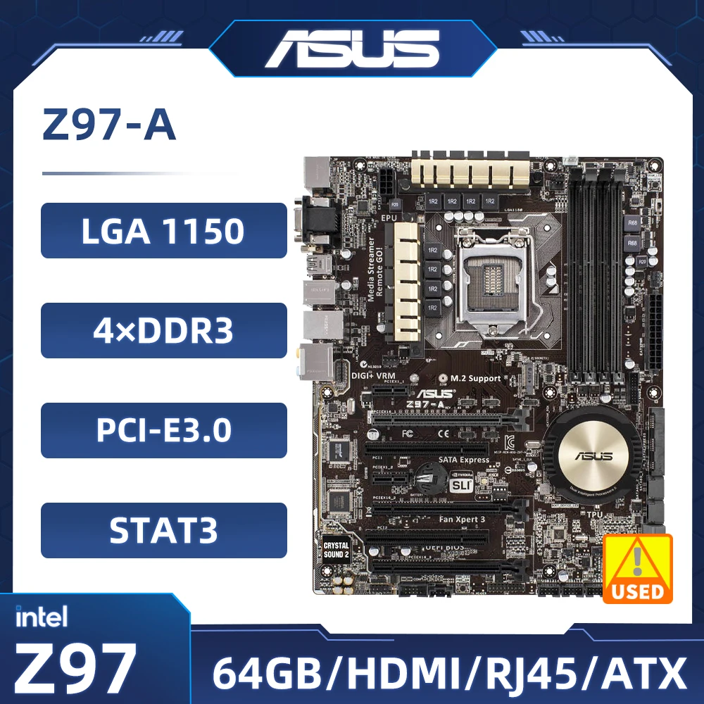 

Intel Z97 Motherboard Asus Z97-A Motherboard LGA 1150 4×DDR3 SATA3 USB3.0 M.2 HDMI ATX support Core i3-4130 i7-4790 cpu