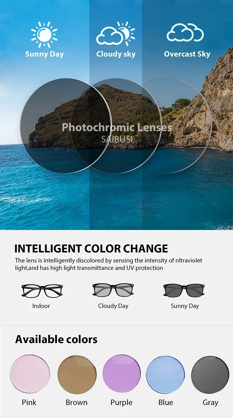 

Aspheric Prescription Photochromic Lenses high definition Single Vision Outdoor Chameleon Gray Brown Myopia Astigmatism
