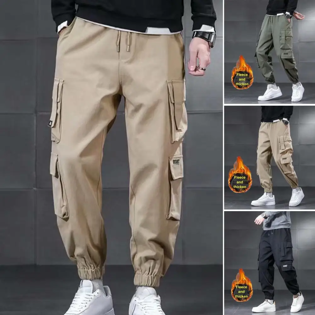 

Men Winter Cargo Pants Elastic Waist Drawstring Multi Pockets Jogger Trousers Thick Fleece Lining Outdoor Cargo Trousers