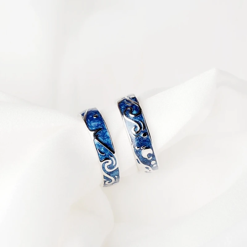 WYEAIIR 925 Sterling Silver Van Gogh Starry Sky Resizable Opening Couple Rings Blue Drop Glaze Sweet Romantic For Women Jewelry 4