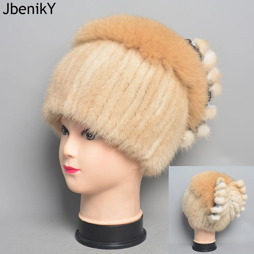 

Natural Mink Fur Hats For Women Winter High Quality Knitted Fur Caps Thick Warm Russian Female Hat