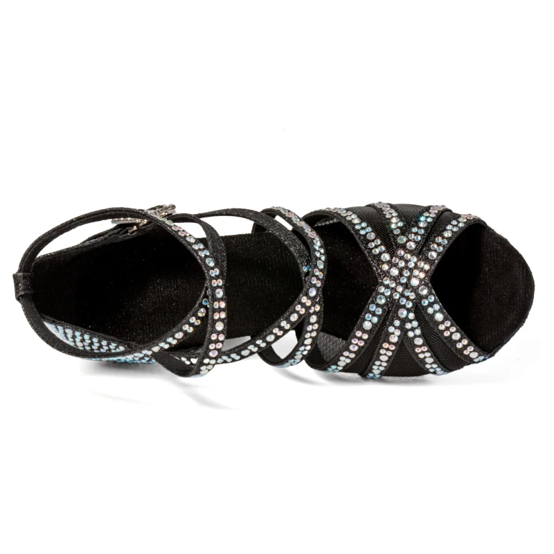 Latin dance shoes 2025 new adult women's mid heel 7.5cm black diamond studded soft soled dance shoes 5