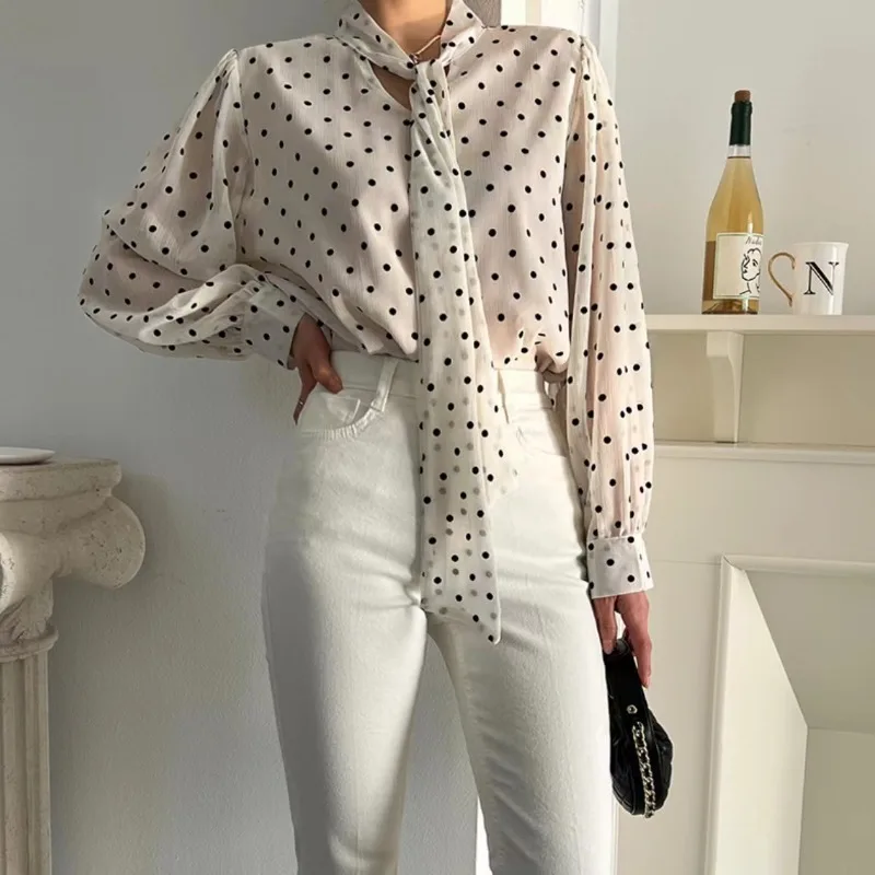 

Women's Spring and Autumn Fashion Korean Version Versatile Polka Dot Scarf Collar Elegant Long Sleeved Loose Chiffon Shirt Tops
