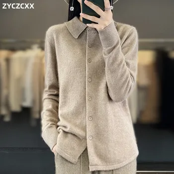 100% visone Cashmere colletto POLO maglione da donna Cardigan tinta unita spesso caldo Cardigan maglione per le donne 2023 autunno/inverno nuovo