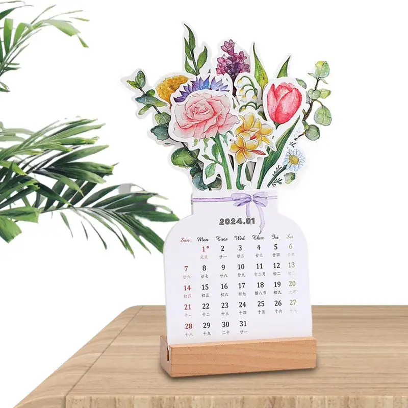 

2024 Flower Theme Calendar Vase Shaped Monthly Planner Calendar With Wooden Base Tabletop Decorations Flower Theme Calendars For