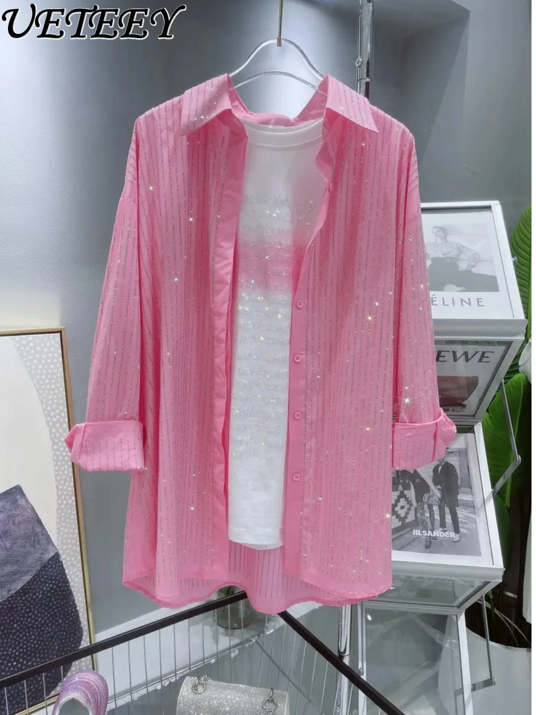 

Hot Drilling Striped Shirts Women Loose Casual Sweet Pink Sun Protection Shirt Long Sleeve Blouse Top 2023 Autumn New Camisas