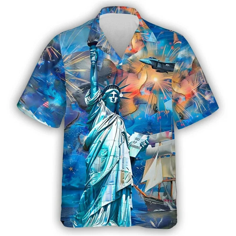 thumbnail image 1 of Camisa hawaiana con estampado 3D de águila y ganado para hombre, diseño gratuito de soldado con bandera de EE. UU., camisas hawaianas con solapa informal, blusa de manga corta, 1 of 4