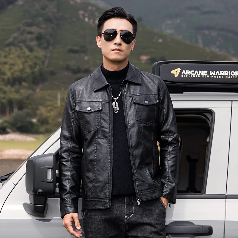 Leather Jackets Men Winter Jacket Men's Casual PU Leather Jacket Solid Color Business Collar PU Blazers Long Sleeve Dress Coat