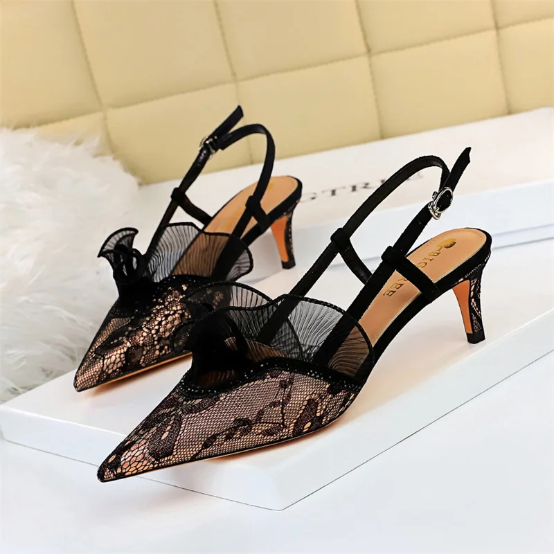 Women Thin High Heels Lace Hollow Mesh Pointed Toe Sandals Summer Fashion Elegant Green Silver Rhinestones Slingback Shoes