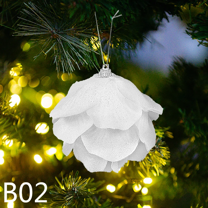 thumbnail image 1 of piezas/caja de bolas de Navidad blancas de 8 cm, colgante para árbol de Navidad, bola de nieve de espuma con flores, decoración navideña para el hogar, Año Nuevo 2025, Navidad, 1 of 5