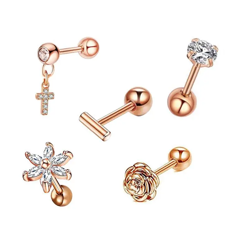 Heart Tragus and Cartilage Piercing Stud Earring Set - 5-Piece Collection
