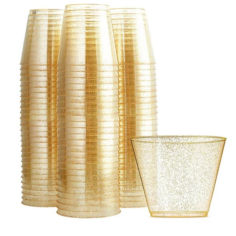 

Gold Plastic Cups Clear Plastic Wine Glasses, Fancy Disposable Hard Plastic Cups With Gold Glitter For Party Cups