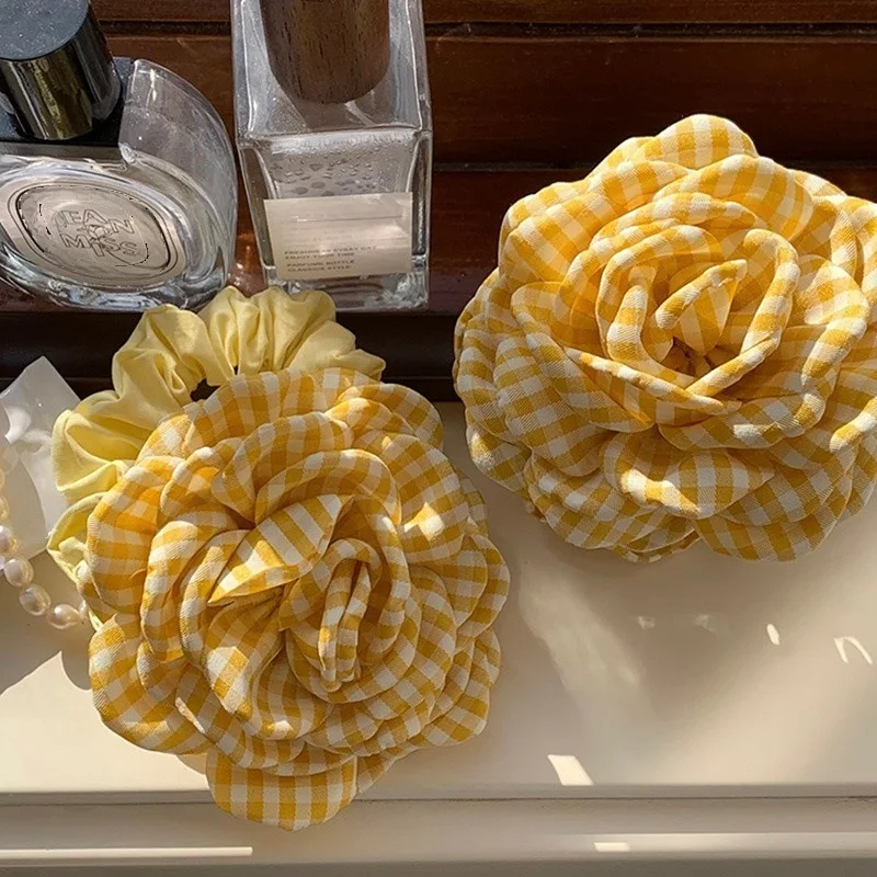 871361-bdb2cd.jpg Women's Hair Claw Clip Checkered Yellow Rose Exquisite Grab Clip Hair Grab High End Korean Hair Accessory Flower Head Accessory - Image 1