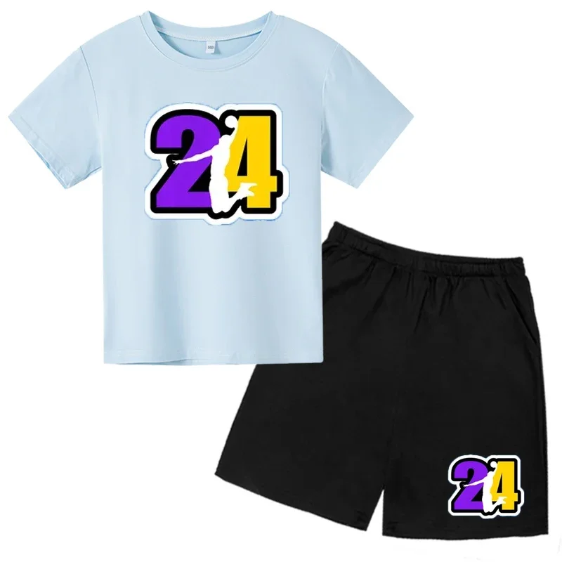 thumbnail image 1 of Conjunto de camiseta de cuello redondo de algodón para niños de verano con 24 mangas cortas y pantalones cortos casuales estampados para niños y niñas de 2 a 12 años, 1 of 5