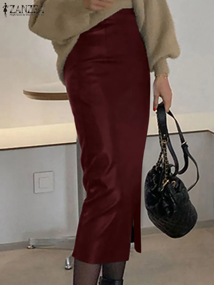 패션 사이드 슬릿 스커트 ZANZEA PU 가죽 여성 우아한 하이 웨이스트 Bodycon Sheath Midi Jupes 2023 가을 섹시한 슬림 Faldas Mujer