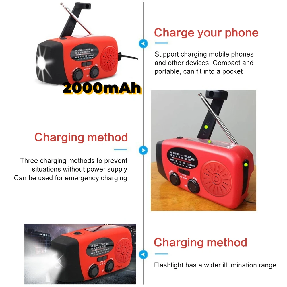 2000mAh Emergency Hand Crank Radio LED Flashlight Radio SOS LED Emergency Solar Hand Crank Powered Wind Up Phone Fm Radio Solar Power Radio Portable Radio Emergency Radio Solar Radio Radio Receiver Radio Device