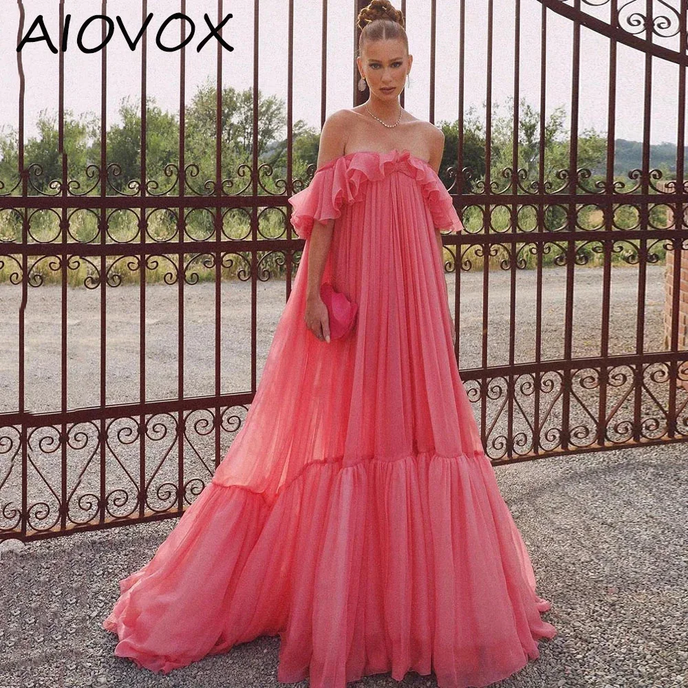 

AIOVOX A-line Party Dresses Charming Off The Shoulder Ruched Tiered Hemline Floor-Length Prom Dresses 2024 Vestidos de noche