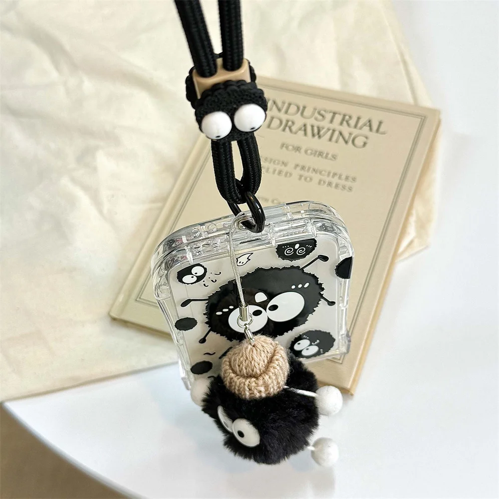 Adorable Coal Ball Plush Lanyard Phone Case with Airbag Frame and Hinge 3-in-1 Cover