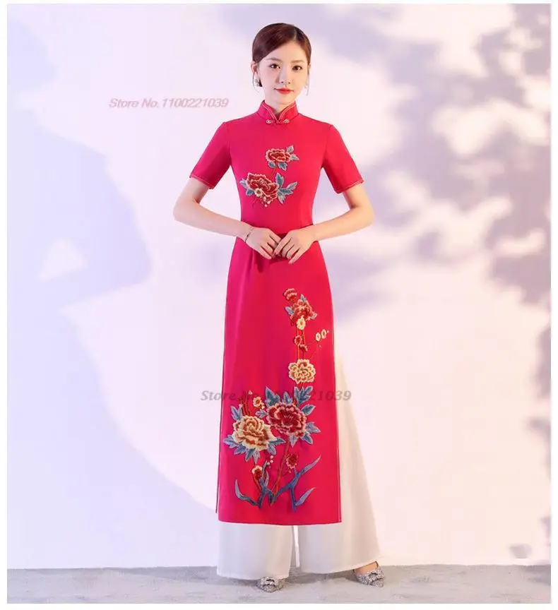 2024 traditional aodai set vietnam cheongsam dress+pants set national flower embroidery vintage qipao dress elegant party dress