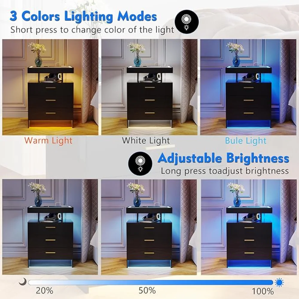 2 Set Nightstands with Wireless Charging Station, Auto Sensor 3 Color Dimmable LED Night Stand,Bedside Table 4