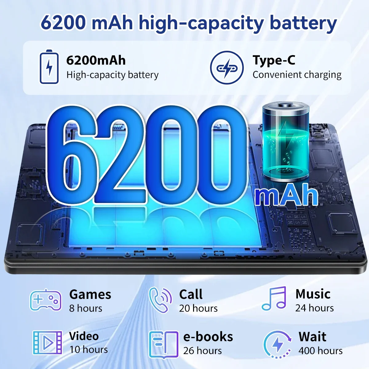 URAO 10 Inch Android 15 Tablet 30GB RAM 128GB ROM 1TB Expandable 6200mAh GMS Certified Widevine L1 Dual Camera WiFi 6 PC PAD Set 6