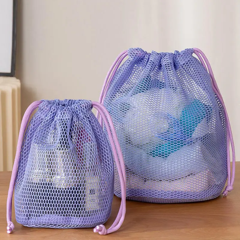 Portable Travel Nylon Mesh Cosmetic Bag Drawstring Drainage Storage Bag for Swimming And Bathing Single Color Pattern