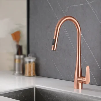 ก๊อกน้ําอ่างล้างจานแปรง Rose Gold ดึง Sink Mixer Tap หมุน 304 SUS ก๊อกเดี่ยวร้อนเย็น Kitchen Tap 1