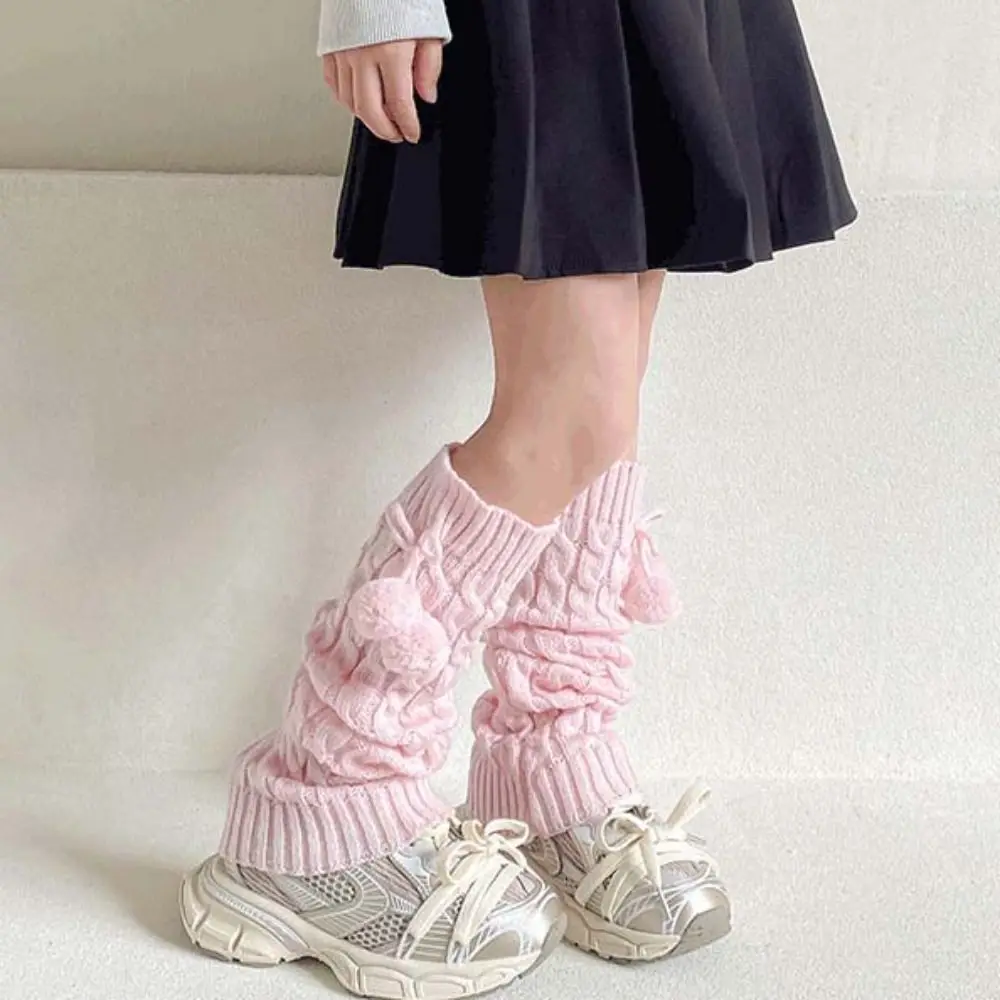 Kawaii Korean Style Children's Leg Warmers Balletcore Harajuku Knitted Leg Cover Foot Cover Woolen Plush Ball Leg Socks Baby