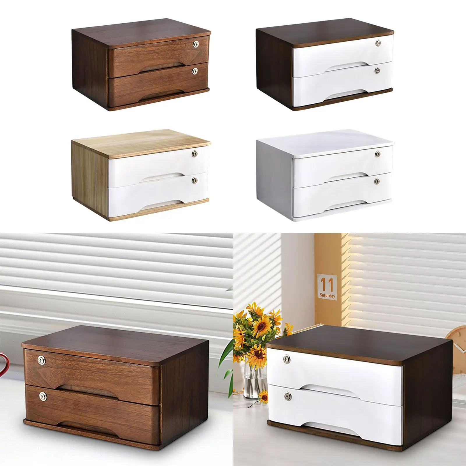Wood Desktop Storage Box with Lock 2 Tier for Counter Workspace Countertop 4