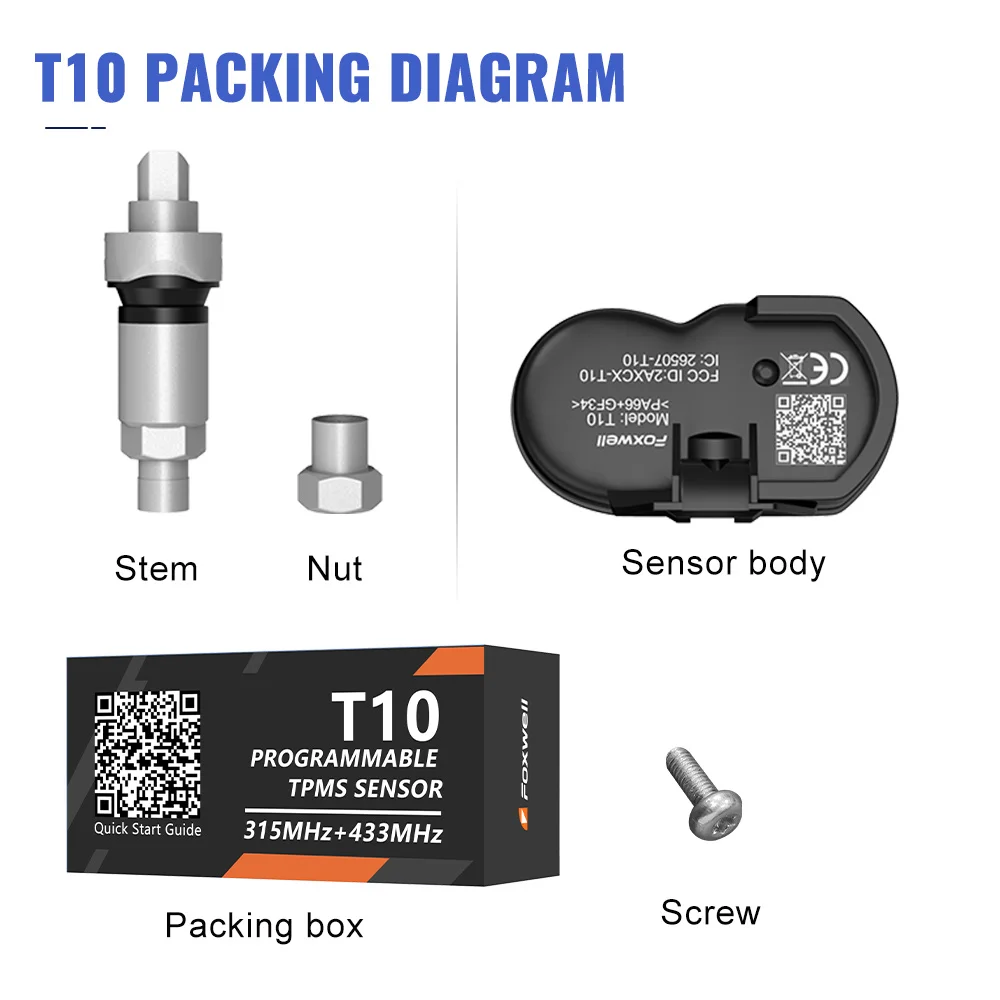 T10 MX 센서 TPMS, 타이어 압력 모니터, 테스트 수리 도구, 복제 가능, 프로그래밍 가능 활성화 범용 센서, 2in 1, 433MHz, 315MHZ